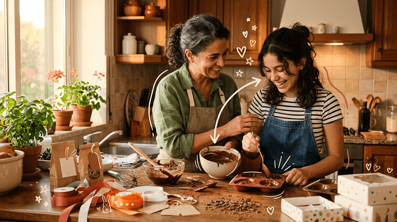 Páscoa em família fazendo chocolates e memórias juntos