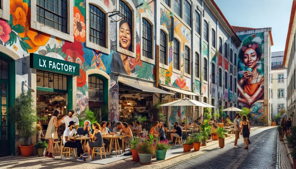 Rua da Lx Factory com fachadas de fábrica antigas cobertas de grafites coloridos e várias mesas de café cheias de pessoas ao ar livre, um dos passeios para adolescentes em Lisboa mais descolados pela mistura de arte e lojas criativas | 10 melhores passeios para adolescentes em Lisboa #1