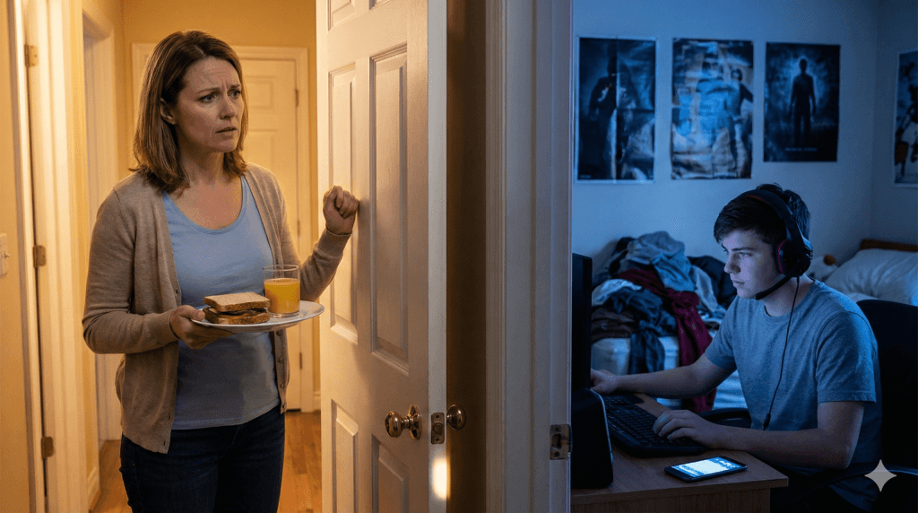 Mãe batendo na porta para levar um lanche para o filho que só fica no quarto