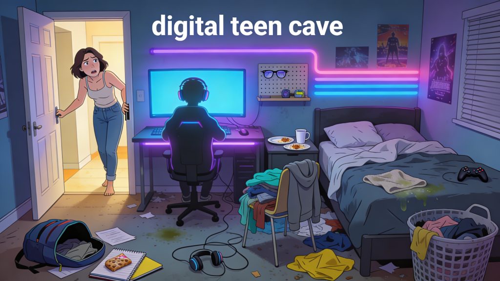 Mãe entrando no quarto bagunçado de adolescente enquanto o mesmo joga no computador